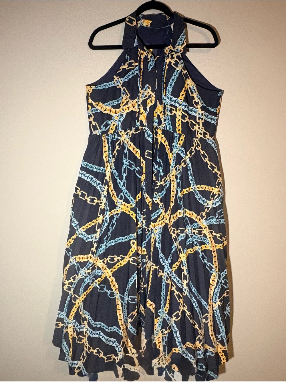 Maeve Navy Halter Dress with Yellow & Light Blue Chain Motif